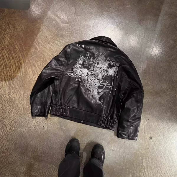 【Outclassing the Market】Erd Melancholic Rich Kid 23Fw Black Large Smoke Embroidery Pu Leather Jacket