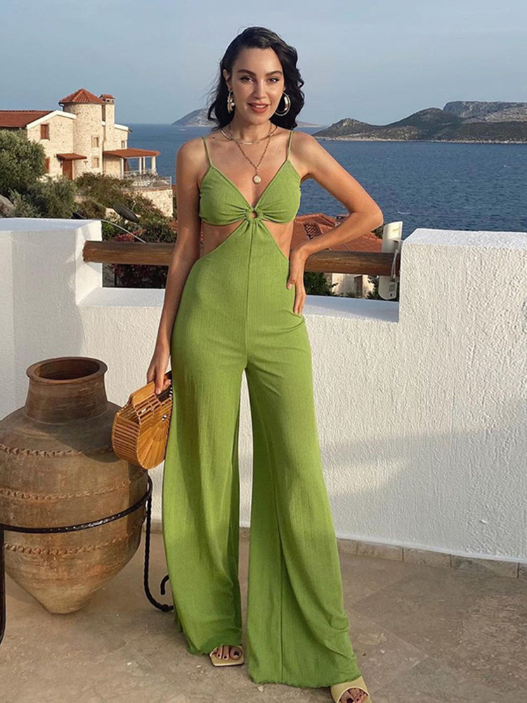 Solid Color Sling Chest-Wrapped High-Waisted Jumpsuit NSHLJ63251