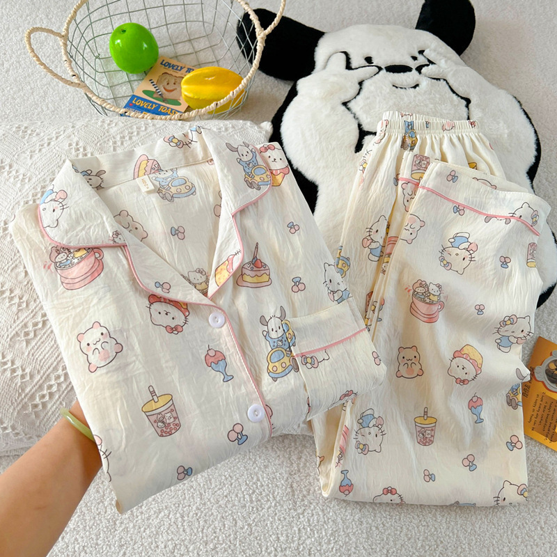 扎染条纹云朵纯棉纱睡衣女春秋季长袖简约可外穿开衫家居服夏套装|undefined