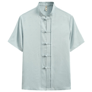 Summer Tencel Short-sleeved Tang Suit Men's Chinese Vintage National Fashion Improved Handmade Buckle Loose Thin Linen Top for Men