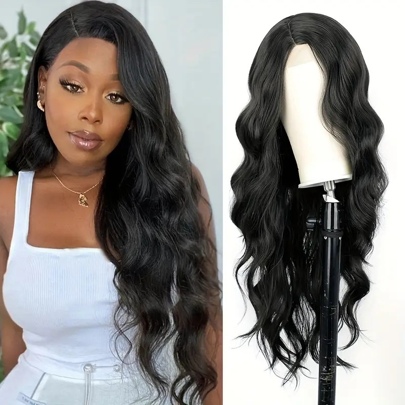Perruque pour femme de style européen/américain, avec raie sur le côté, mèches fines en dentelle, cheveux longs et bouclés en fibres synthétiques._voghion.com