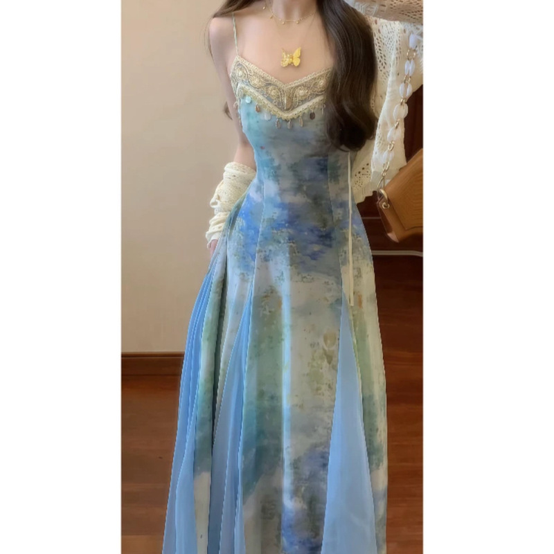 夏のドーパミン海辺の休暇の服装、写真撮影、絶妙なスカート、サスペンダー、ブルーのレトロなドレス|undefined
