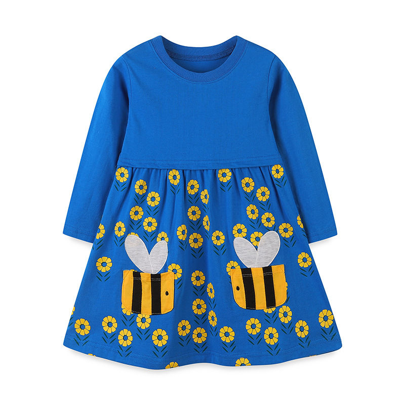 Vestido de manga larga para niñas de estilo europeo y americano de punto de algodón bolsillo de abeja falda para niños bebé niñas flor impresa vestido de princesa