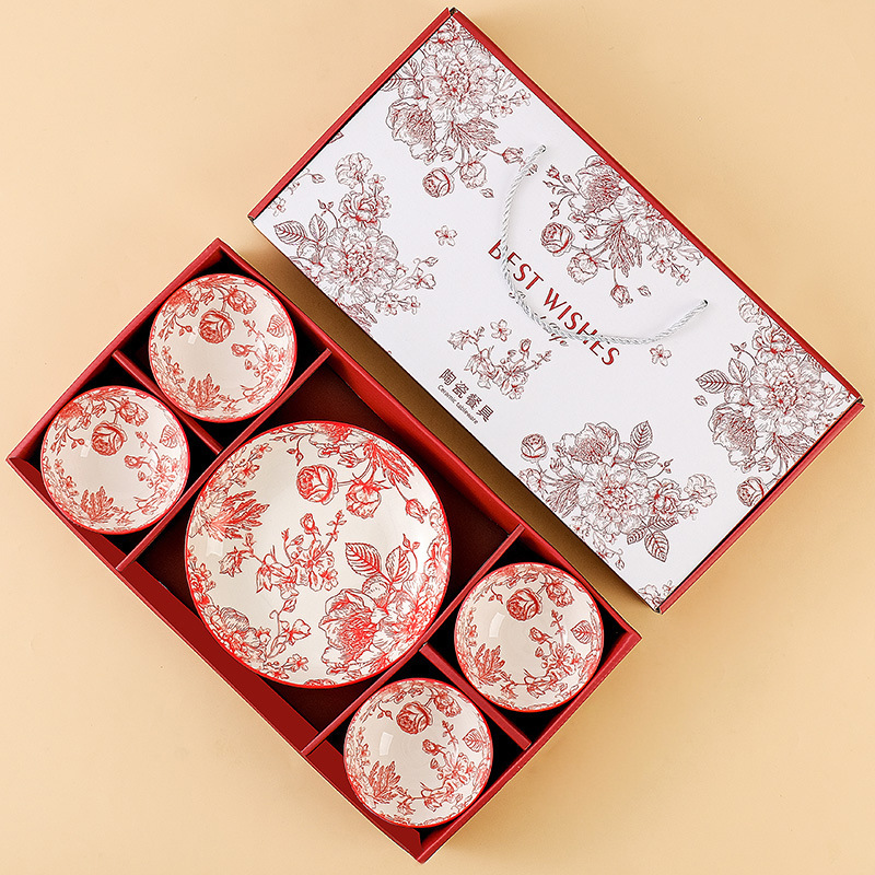 Rose Bowl Gift Box Underglaze Color Dishes and Plates Set Cross-Border Tableware Ceramic Bowls Home Eating Bowls and Chopsticks Rose Bowl Gift Box Underglaze Color Dishes and Plates Set Cross-Border Tableware Ceramic Bowls Home Eating Bowls and Chopsticks