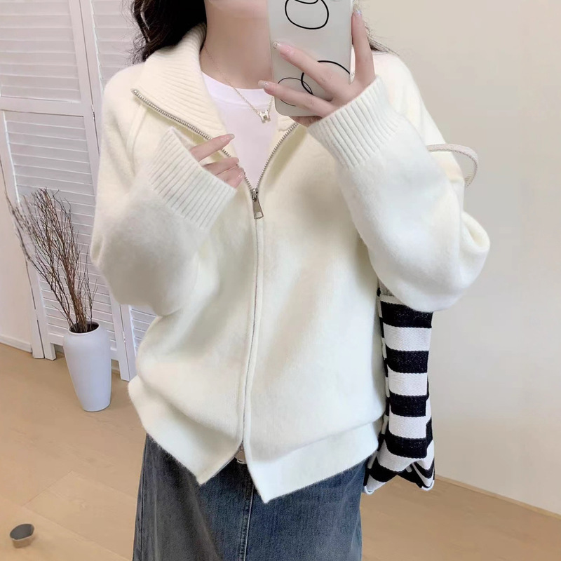 跨境慵懒风毛衣外套女2025秋冬新款韩系纯色立领拉链针织开衫|undefined