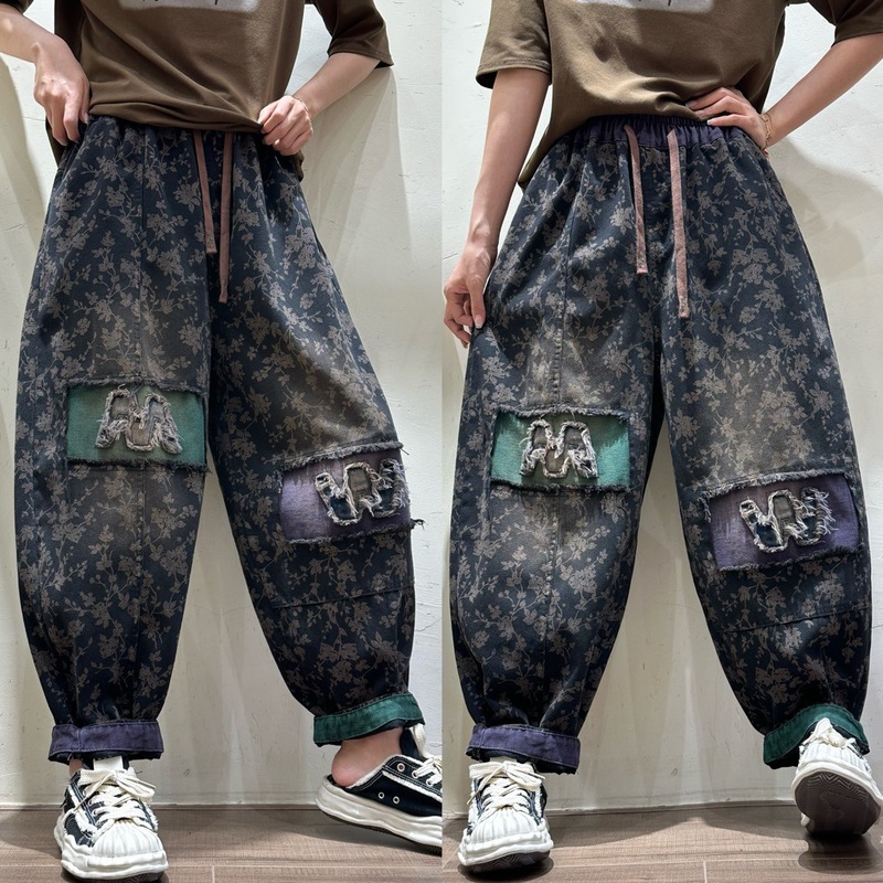 印花牛仔哈伦裤女2025秋新款松紧腰文艺复古宽松显瘦九分裤灯笼裤|undefined