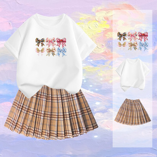 Girls Summer Short-Sleeved T-Shirt Pleated Skirt Two-Piece Suit New Fashionable Medium and Large Children Cartoon Tops Short Skirts Trendy