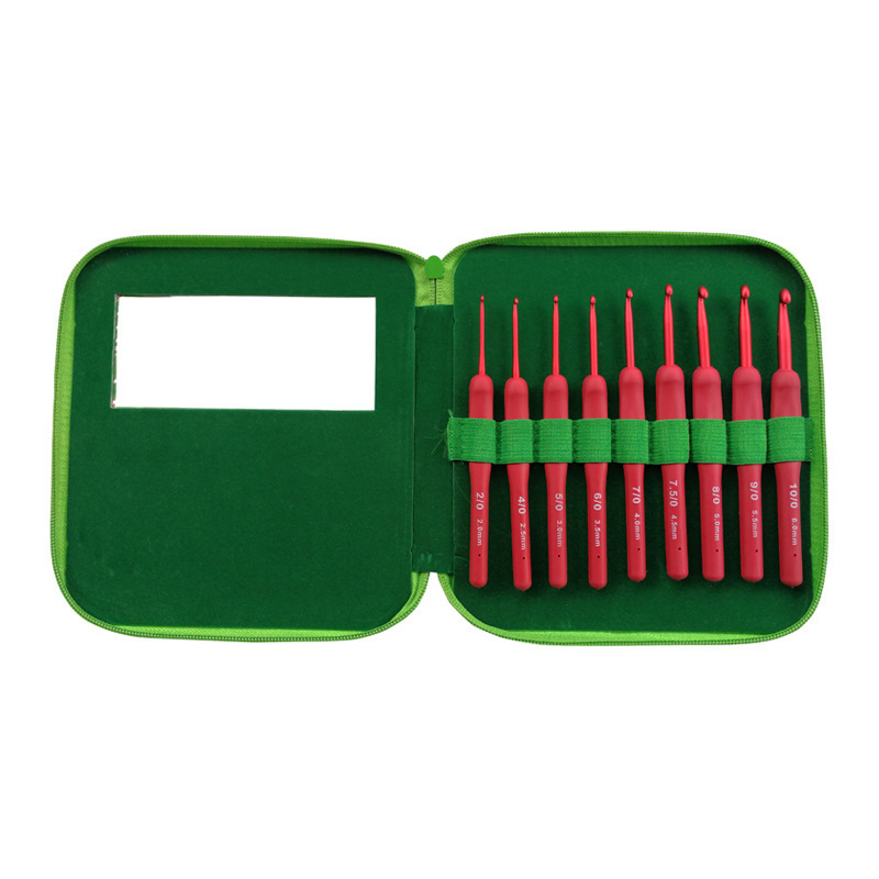 Nuevo juego de herramientas tejidas crochet TPR silicona crochet de aluminio mango rojo pegamento crochet de aluminio juego completo 9 PU