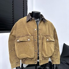 做旧拼接外套男春秋季美式小众复古水洗重磅cleanfit短款夹克boxy