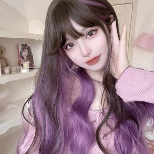 Factory wholesale 2024 new wig female long curly hair net red neat bangs fashion realistic gradient long curly hair
