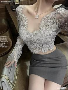 French Pure Lust Style Lace Bottoming Shirt with Inner Collar, Slim, Chic and Beautiful Top, Women's Autumn Short Shirt