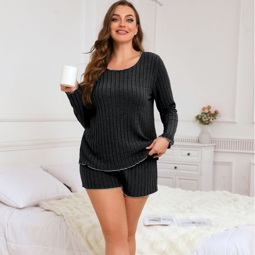 Ladies' Homecoming Set with Striped Long-Sleeve Shorts - Autumn/Winter Outfit for Plus Size Women - Versatile and Comfortable - Available on Amazon, Temu, and Shein Independent Stores