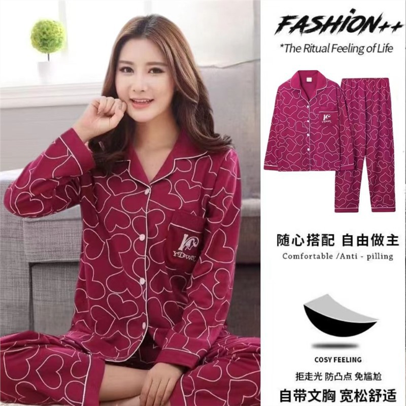 Pijamas de mujer 100% algodón 30-40-50 años con almohadilla en el pecho estilo coreano de manga larga para niña más tamaño Otoño e Invierno confinamiento