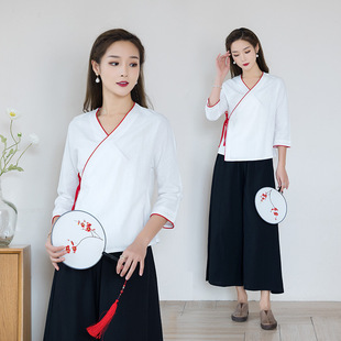 2022 Chinese style retro improved Hanfu lace-up cardigan Women's Chinese Zen tea clothing artistic cotton and linen top wholesale