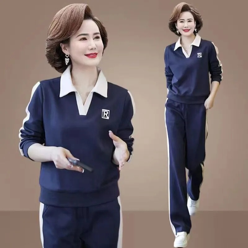 年轻妈妈装休闲运动服套装春装时尚洋气中老年女装春秋卫衣两件套|undefined