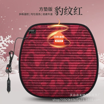 New cross-border car heated seat cushion, electric heating for warmth in winter, small square cushion, 12V universal single seat cushion (Multi-function pad) - leopard-print-red-square-cushion