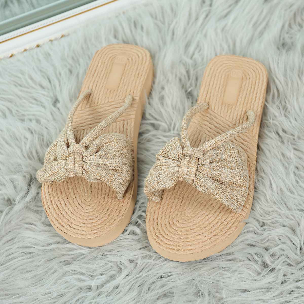 Summer New Style Indoor and Outdoor Stair Slippers, Casual and Comfortable Home Lightweight Slippers, Linen Wedge Heel Bowknot Slide Slippers
