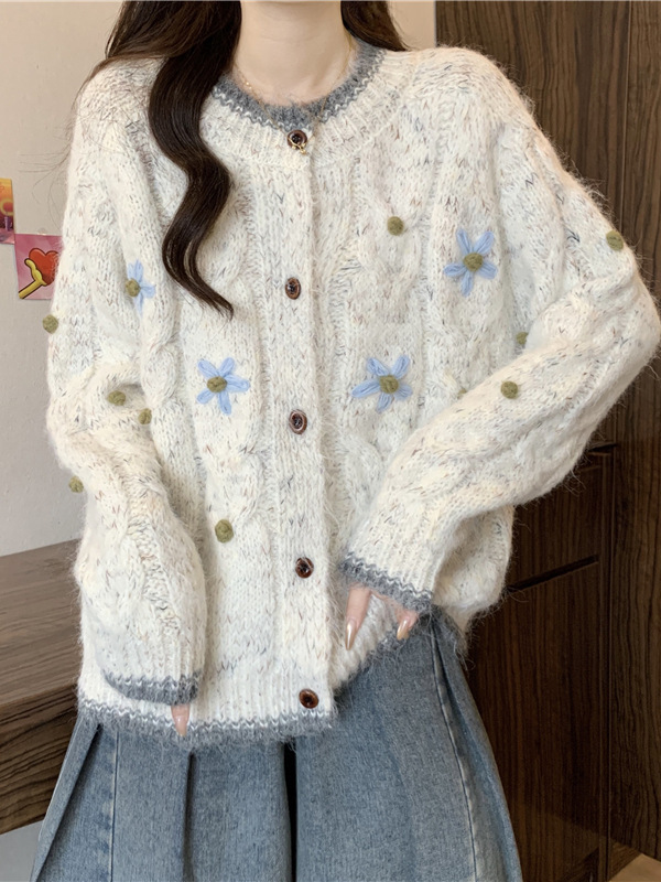 立体花朵针织开衫毛衣外套女春秋2025大码胖mm小香风法式短款上衣|undefined