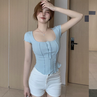 Summer 2025 U-neck Short-sleeve T-shirt Base Top Pure Desire Style Subtle Trick Fitted Sweet and Spicy Unique Design Upgraded Trendy Top