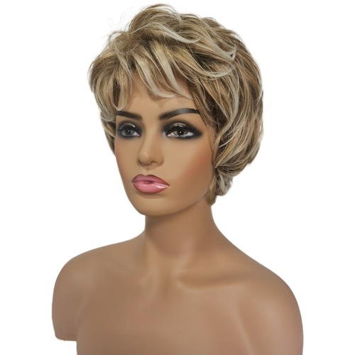 Foreign trade small curly wig, ladies short hair curly wig, golden gradient grandma wig, one piece hair