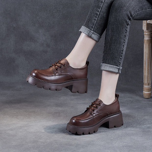 2023 New Spring and Summer Genuine Leather Thick-soled Lace-up Shoes Women's Brown British Style jk Platform Shoes Height-up Shoes