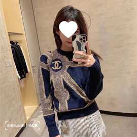 高版本小香风潮流25秋冬新款针织衫大LOGO提花长袖圆领套头上衣女