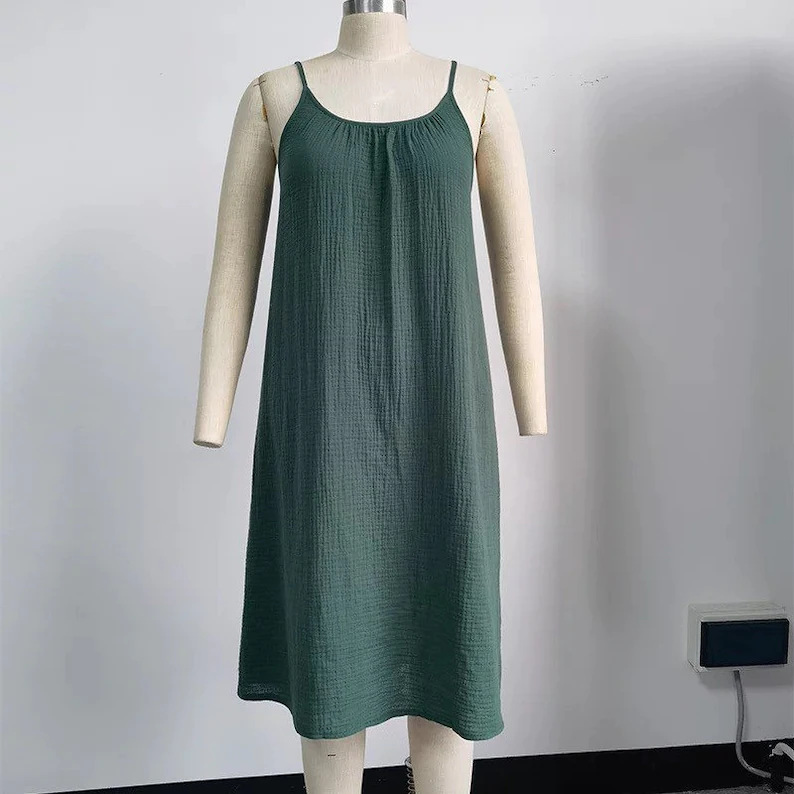 Cotton Casual Cami Dress Summer Vacation Women Maxi Dress Loose Solid Color Backless Double Layer Gauze Sleeveless Dress