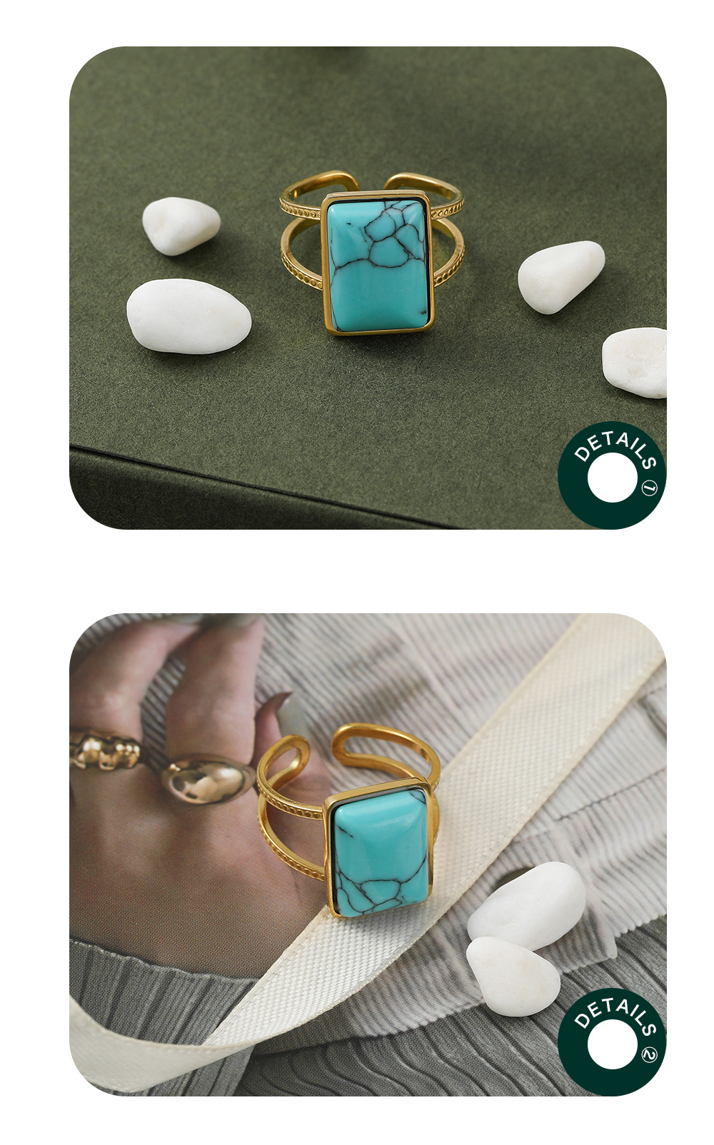 Retro Square Stainless Steel Open Ring Metal Turquoise Stainless Steel Rings