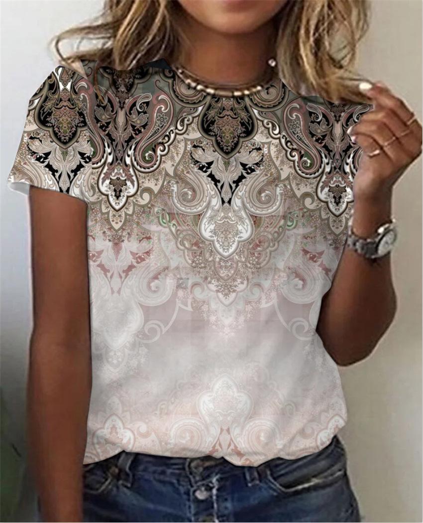 3D digital printing round neck ethnic style casual short-sleeved T-shirt for women_senzul.com
