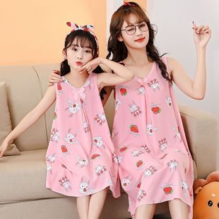 New Parent-Child Nightgown, Girls' Summer Suspender Skirt, Cotton Silk Dress, Children's Adult Home Clothes, Children's Outer Wear Skirt