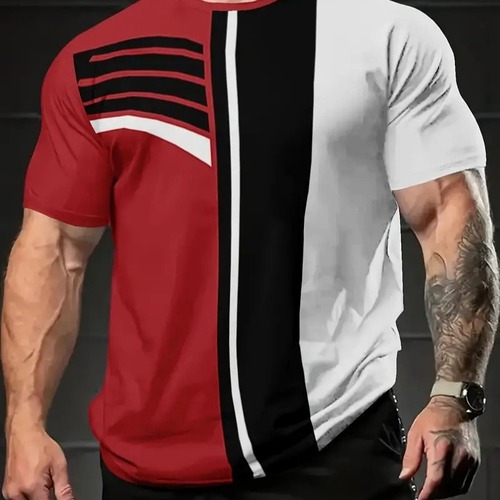 Summer Striped Digital Pattern Short-Sleeve T-Shirt for Men, Round Neck, Versatile Casual Sports Top ME13