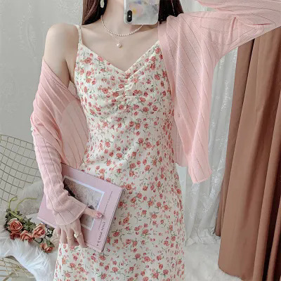 French Romantic V-neck Floral Sling dress Summer Slimming Loose Elegant Gentle Super Fairy Mid-length Trendy
