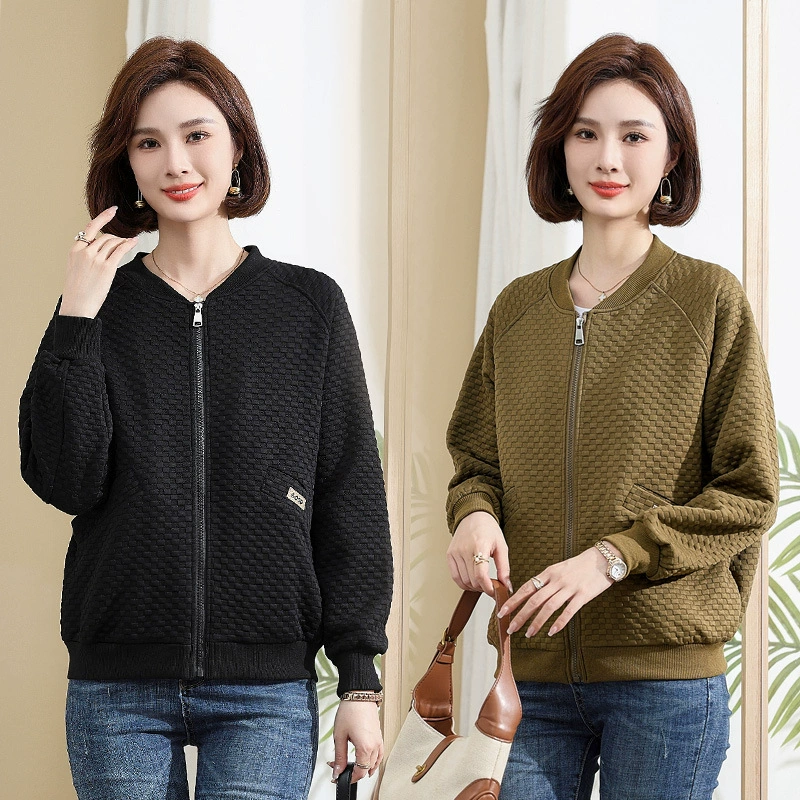 Новый топ для мамы с круглым вырезом и длинными рукавами на весну и осень, простой однотонный модный кардиган с стильной бейсболкой для женщин среднего и пожилого возраста.