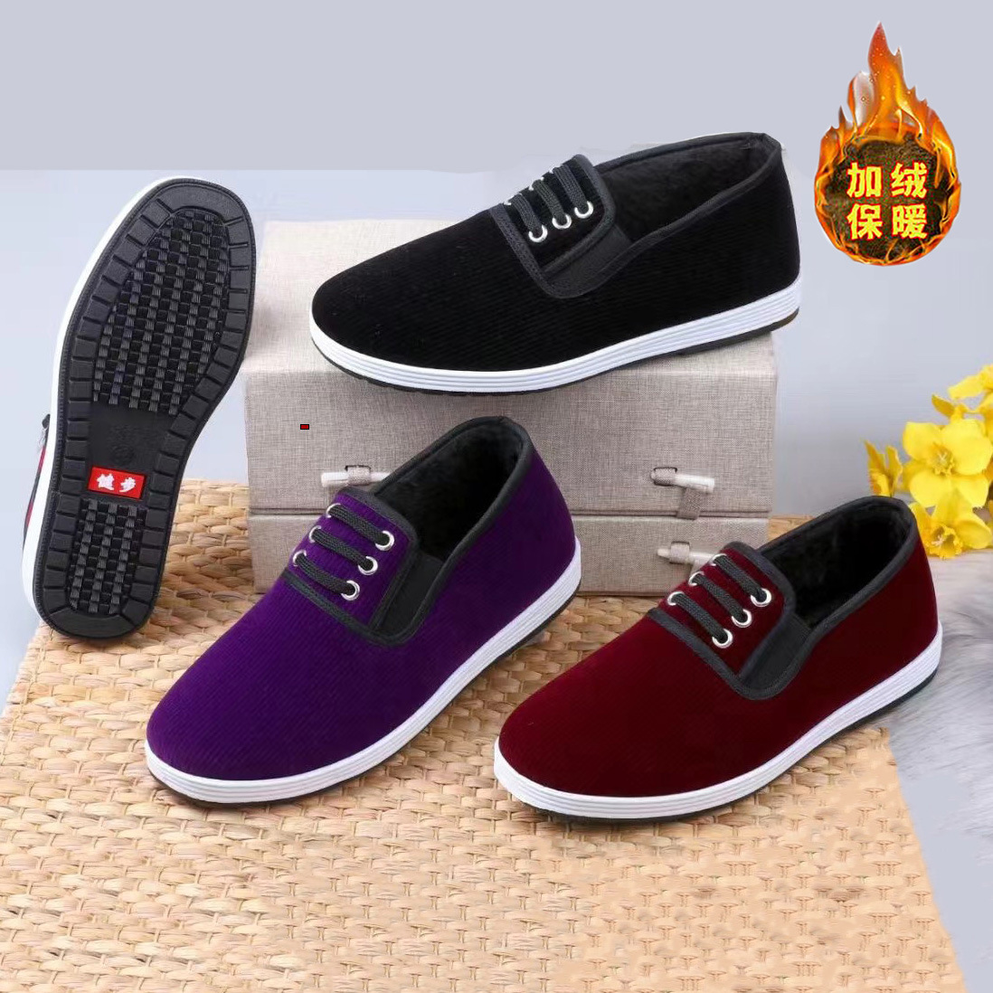 冬季新款老北京布鞋加绒保暖休闲一脚蹬女鞋灯芯绒布鞋千层底相巾