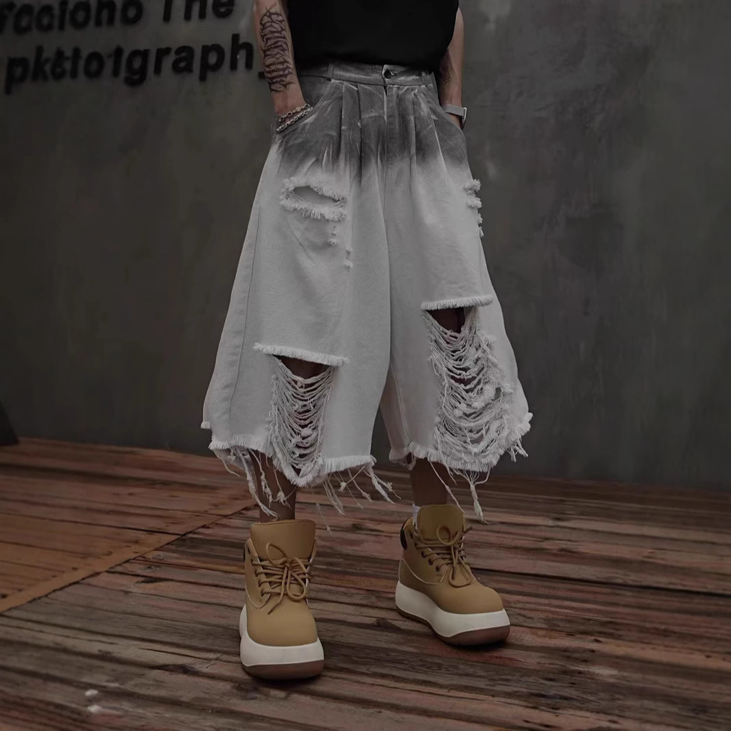 European and American High Street Cargo Pants Men's Cropped Pants Wide Leg Ripped American Vibe Distressed Hip-Hop Wasteland Style Jeans