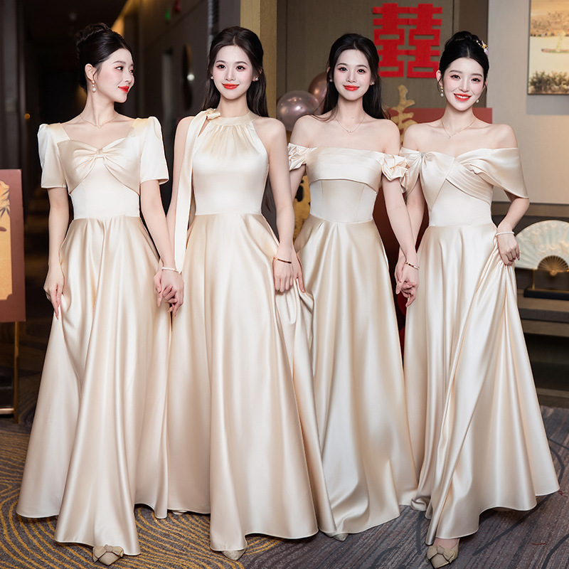 Champagne Bridesmaid Dress Satin 2025 New Summer Niche High-end Wedding Sisters Evening Dress Skirt Slimming Champagne Bridesmaid Dress Satin 2025 New Summer Niche High-end Wedding Sisters Evening Dress Skirt Slimming