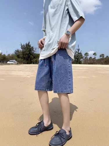 Men's Summer Korean Style Hip-Hop Denim Shorts, Loose Straight Leg Wide Pants