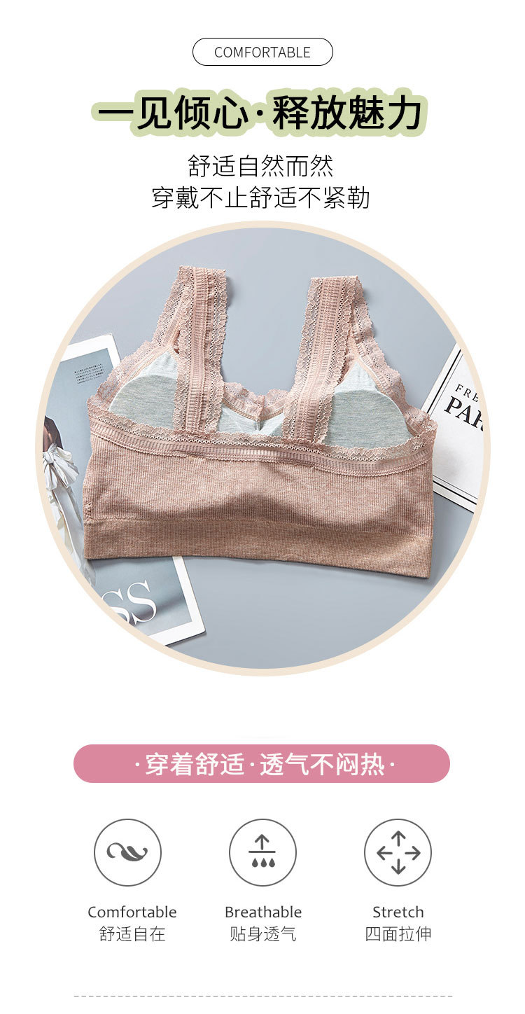 棉美背裹胸性感蕾丝边V领聚拢打底防走光乳胶胸垫可拆卸运动文胸详情图2