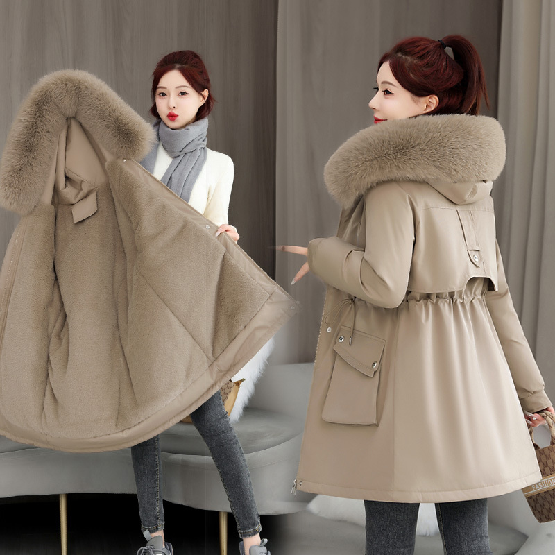 2025 invierno nuevo espessado para superar la cintura femenina delgada con capuzas cuello de cabello grande una chaqueta de algodón de terciopelo de moda