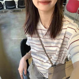 美式复古撞色条纹短袖T恤女夏季2025新款宽松设计感小众森系上衣