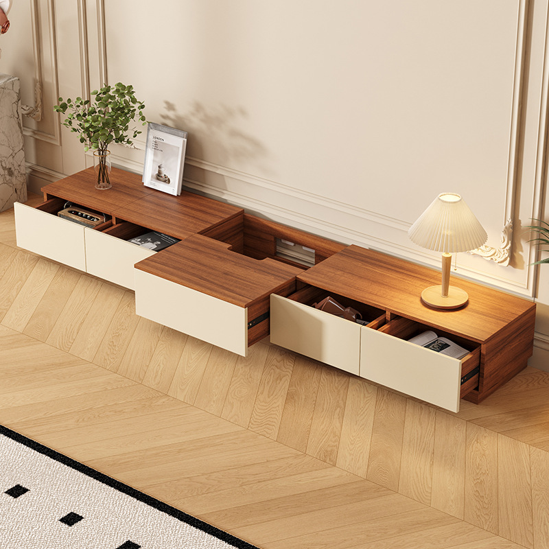 Solid Wood Floor-Standing Tv Cabinet for Small Living Room 2025 New Style Mid-Century Style Simple Middle Push-Pull Tv Cabinet