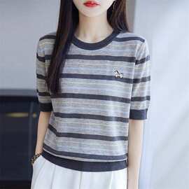 声雨竹桑蚕丝圆领条纹短袖T恤女2026夏季薄款时尚休闲百搭针织衫