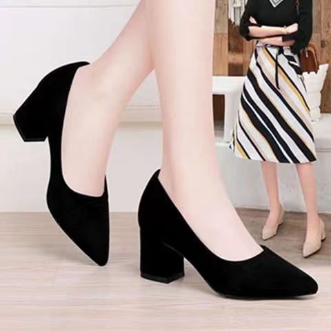 2024秋冬粗跟单鞋女中跟高跟鞋法式黑色色职场百搭尖头奶奶鞋韩版