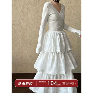 鹿西 淑女芭蕾风蛋糕长裙女春季新款气质收腰打底A字连衣裙2869