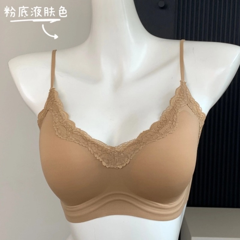 U家舒服蕾细肩带内衣女士薄款无痕聚拢防下垂法式V领蕾丝文胸罩|undefined
