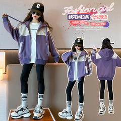 女童外套2024春季新款兒童洋氣連帽夾克中大童字母拉條棒球服上衣