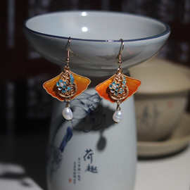 非遗绒花银杏耳环古风汉服耳饰点翠珍珠耳坠中式古典复古耳钩