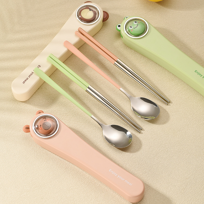 304不锈钢学生餐具套装创意卡通筷子叉勺三件套ins户外便携餐具盒
