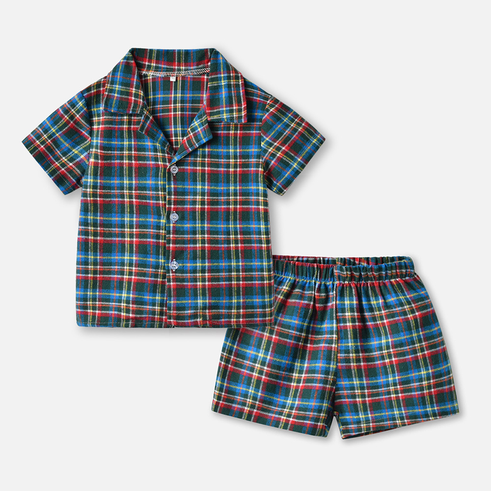 Nuevo producto traje de pijama 204 camisa de doble velo a cuadros de manga corta de verano pantalones cortos casuales ropa de hogar para niños niños