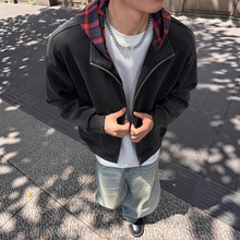 美式假两件格子连帽卫衣男女同款春秋新款水洗做旧拉链开衫外套潮